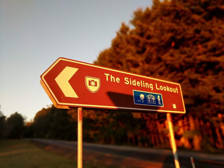 Road sign for the Sideling Lookout in the morning light.